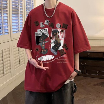 酒紅色美式高街嘻哈短袖t恤男夏季純棉重磅潮牌潮流青少年5分半袖