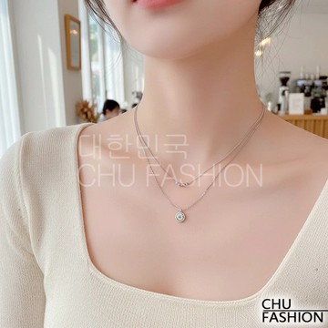 【CHU】韓國直輸 銀鍊圓墜雙層項鍊 韓系細緻層次款