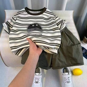 免運【臺灣出貨】男童套裝 中小童韓版卡通拼接條紋休閒薄款套裝男寶寶短袖短褲夏季兩件套潮兒童衣服 兒童套裝 兒童短袖套裝