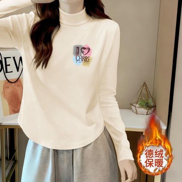 愛依依 長袖T卹 印花上衣 發熱衣保暖衫 中大尺碼 Ｍ-3XL新款遮肚修身洋氣女不規則下擺半高領德絨打底-10275.