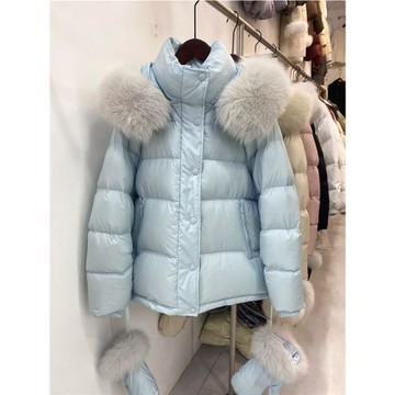 趙露思同款羽絨服女2025秋冬新款狐貍毛領手套設計感90白鴨絨抽繩