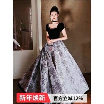 黑色泡泡袖 鋼琴演出藝考主持人宴會生日年會車展走秀晚禮服19806