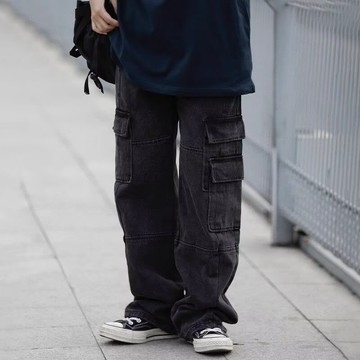 【Comoon】複古百搭洗水闊腿寬松牛仔褲 直筒休閑牛仔褲 潮流男牛仔褲長褲