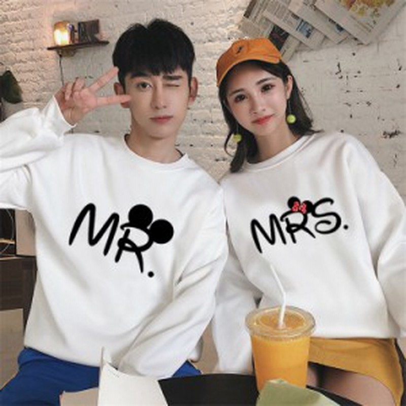 パーカー 男女兼用メンズレディースお揃いカップルペアルックプルオーバー可愛い Mr ｍrs英字プリントパーカートップスディズニー長袖フ 通販 Lineポイント最大get Lineショッピング