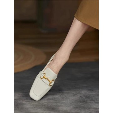 軟軟軟~！巨舒服！英倫風金屬扣低跟真皮樂福鞋一腳蹬軟底單鞋女