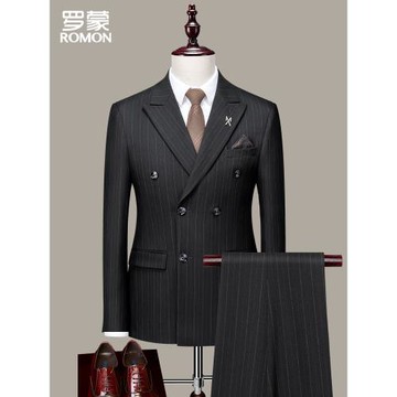 羅蒙男士西裝套裝商務條紋免燙職業正裝新郎伴郎結婚訂婚禮服西服