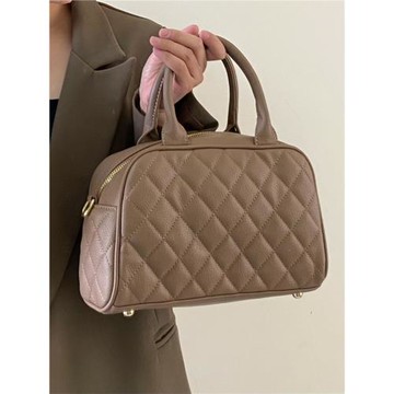 CHIC XI 秋冬保齡球包奶茶色中古菱格繡線小香風手提包單肩斜挎包