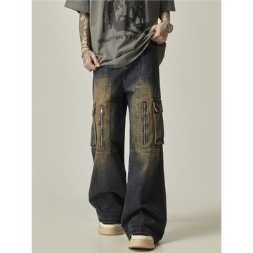 ISIETS美式高街設計感寬松闊腿工裝褲男潮牌痞帥炸街高級感牛仔褲
