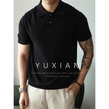 YUXIAN高端亞麻天絲混紡針織POLO短袖T恤春夏美式老錢休閑商務男