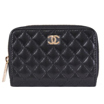 CHANEL AP5378 經典雙C菱格羊皮ㄇ字拉鍊零錢卡包.黑/金