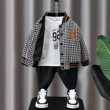 男童外套兒童棒球服春秋2023新款帥氣男孩洋氣千鳥格夾克上衣時髦