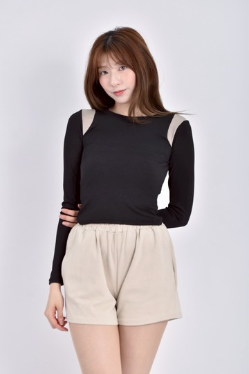 (S) 友家同創修身短版拼色黑色長袖上衣
