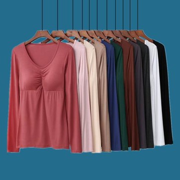 秋冬莫代爾帶胸墊長袖女士免穿文胸薄款t恤純色圓領修身內搭上衣
