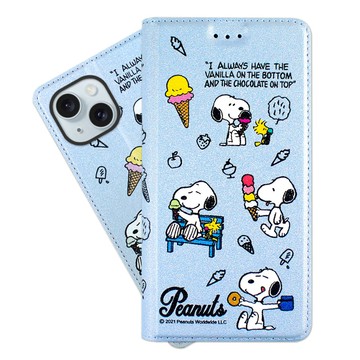 iPhone 15 Plus 殼 【SNOOPY/史努比】iPhone 15 Plus (6.7 吋) 彩繪可站立皮套(最愛冰淇淋)
