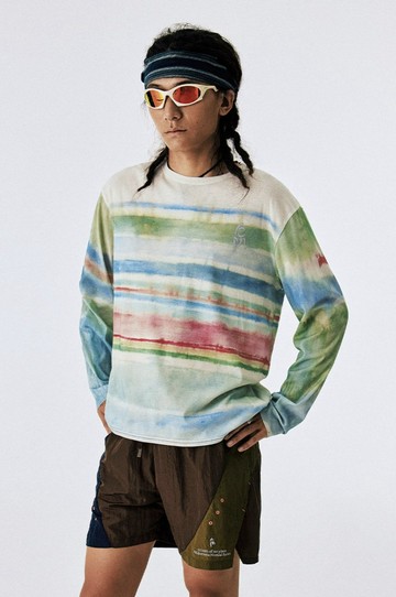 水彩橫紋扎染長袖 / 美麗諾羊毛天絲混紡 T 恤 / 山系戶外機能上衣