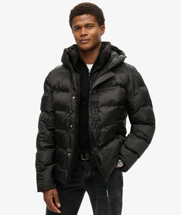 Superdry Men's Hooded City Graphic Puffer Jacket Black Size: L