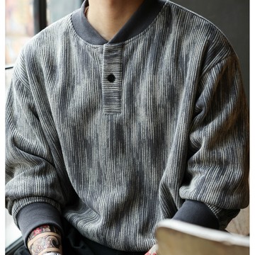 Wuluwear 美式復古半開襟亨利領長袖POLO衫男420g漸變肌理感大學T