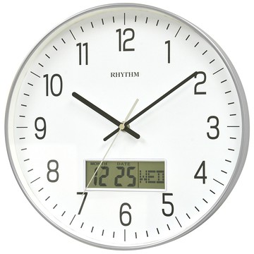 RHYTHM CLOCK 日本鐘 經典居家辦公款日期星期LCD顯示超靜音掛鐘(星河銀)