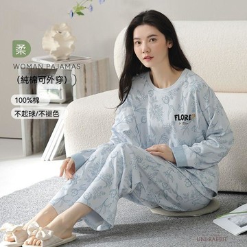 睡衣女長袖純棉春秋季圓領套頭可外穿寬鬆大碼全棉套裝女士家居服長袖睡衣卡通睡衣女生睡衣睡衣女套裝睡衣