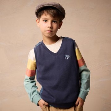 PIPPY 簡約V領剪接LOGO背心 藍-165