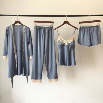 胸墊四件套睡衣女夏冰絲性感吊帶短褲長褲袍套裝韓版仿真絲綢熱賣