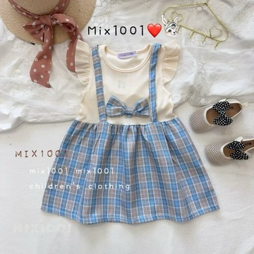 🌈✨學院風 藍格蝴蝶結🎀造型洋裝✨兒童假兩件洋裝 5-17