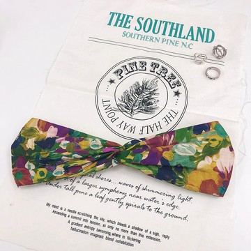 光影花朵 / 油畫感 黃 紫 / 寬版 鬆緊手工髮帶 交叉髮帶