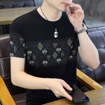 冰絲燙鉆t恤男士短袖2025新款高級感潮牌印花桑蠶絲半袖透氣體恤