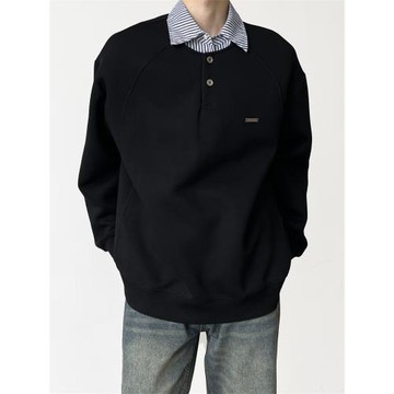 A6 studio秋冬韓系學院風拼接假兩件衛衣男寬松polo領長袖T恤外套