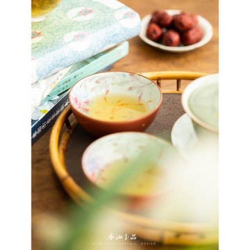 出泥可染霽青南紅汝釉內繪明月牡丹沒骨內繪 景德鎮手繪普洱杯