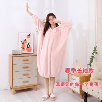 四季帶帽浴裙秋冬浴袍女成人加厚吸水柔軟連帽珊瑚絨女式加厚保暖