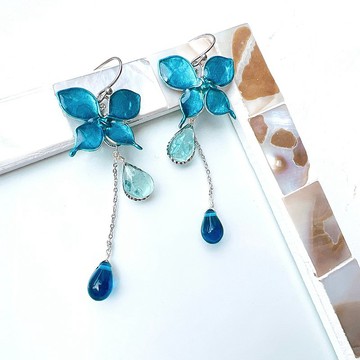 蝶戀結緣 滴膠藝術耳夾 (天然石 apatite 滴珠) 醫療級不鏽鋼 316_ 0038