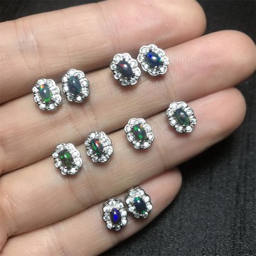 天然黑歐珀耳釘女款S925銀斑彩歐泊彩寶石氣質百搭輕奢水晶首飾品