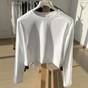 棉質打底衫女秋內搭純色上衣設計感修身顯瘦短款高腰長袖t恤ins