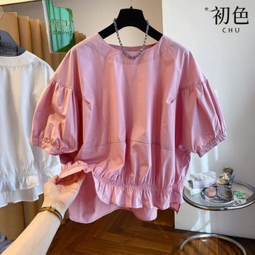 初色 法式純色圓領荷葉邊短袖泡泡袖收腰襯衫上衣女上衣-共3色-13531(M-XL可選)