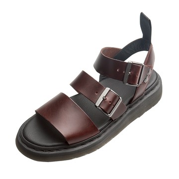 Dr.Martens馬汀 GRYPHON 平底三條寬帶羅馬涼鞋 雙扣露趾魚口涼鞋 夏季皮革馬丁 酒紅 女15695230