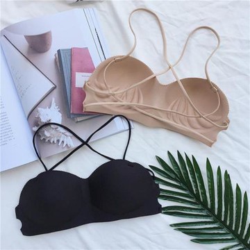 掛脖光面百搭聚攏文胸短款打底內衣無鋼圈性感細帶交叉美背中模杯