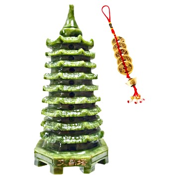 養慧軒 天然青玉河南玉雕大文昌塔 九層 高18公分 直徑7.5公分 附招財五帝錢吊飾  1個