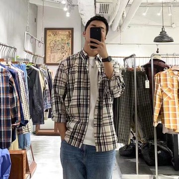 外貿長袖襯衫男格子休閑復古百搭男裝日系工裝慵懶風襯衣外套寬松
