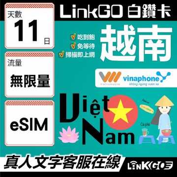 LinkGO白鑽卡 越南 eSIM卡 11天上網卡 無限流量吃到飽 雙電信 高速流量(越南網卡 下龍灣 峴港 胡志明市)