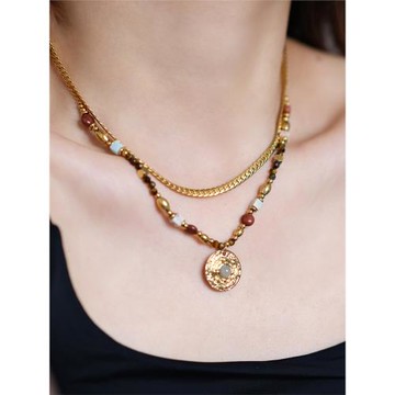 高保色vintage中古風歐美金屬法式復古小眾天然石雙層疊戴項鏈ins