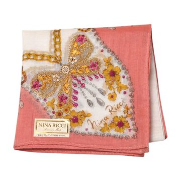 NINA RICCI 優美白粉底金蔥蝴蝶刺繡圖騰品牌字母LOGO刺繡帕巾(45CM)