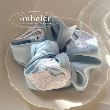 🔥2件8折🍊臺北出貨🍊可開發票貴氣白天鵝刺繡緞面奶油藍大腸髮圈文藝復古小衆丸子頭馬尾發繩女