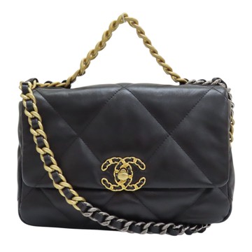 【二手名牌BRAND OFF】CHANEL 香奈兒 19 口蓋包 黑色 菱格紋 羊皮 鍊帶 兩用包 AS1160