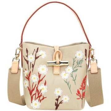 LONGCHAMP Le Roseau XS 竹節鎖釦花卉刺繡帆布手提/斜背水桶包(磚紅)