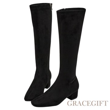 【Grace Gift】韓系方頭側拉鍊輕量瘦瘦長靴 黑絨布