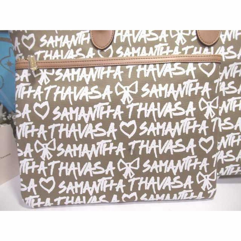 Samantha Thavasa 2wayキャンバストート ポーチ付ロゴ サマンサタバサ 全面 ロゴ入 トートバッグ ポーチ付 ベージュ