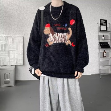 秋冬新款休閒百搭寬鬆保暖上衣男時尚潮流圓領撞色毛衣男