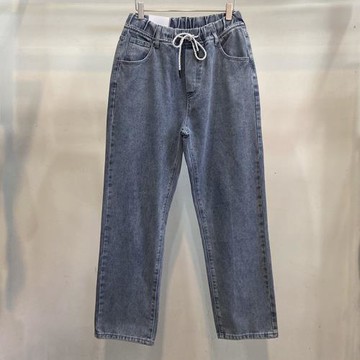 秋冬新款休閑松緊腰寬松潮男女長褲港風老爹直筒藍色系繩牛仔褲子