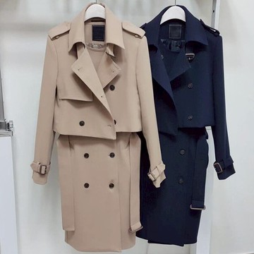 現貨+預購 風衣外套長版背心兩件套-春秋雙排扣繫帶通勤女外套2色73wd11【獨家進口】【米蘭精品】